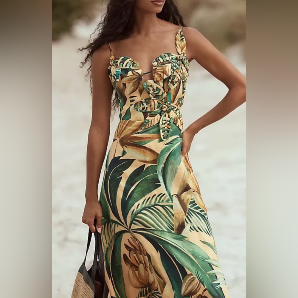 Farm Rio Tropical Leaf Print Maxi Dress. EUC
